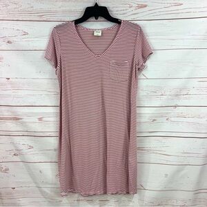 Soma V-neck Red White Striped Nightgown Pocket Sleep Shirt Jersey Dress Pajamas